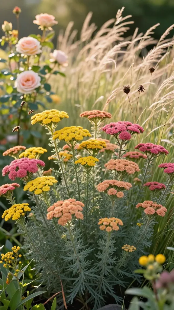 Golden yarrow (Achillea) in full sun, forming a soft, cloud-like drift at the front of a cottage garden border. Flat-topped umbels in mixed varieties—lemon-yellow ‘Moonshine’, saturated rosy-pink ‘Saucy Seduction’, and dusty apricot ‘Terracotta’ fading at the edges—rise on slender stems above fine, feathery gray-green foliage. Interplanted with wispy ornamental grasses and blush antique roses in the midground for a romantic, airy feel. A few dried seed heads remain for autumn texture beside freshly deadheaded stems. Honeybees and small butterflies hover naturally around the blooms. Warm, late-afternoon golden hour lighting, shallow depth of field with creamy bokeh, realistic color and detail, lightly breezy movement in the grasses, high-resolution botanical close-to-mid shot.