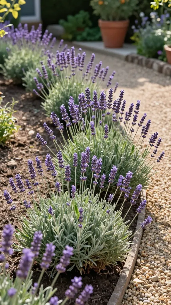Realistic, high-resolution garden photo at golden hour showcasing a breezy lavender border as the main subject, lining a sunlit gravel pathway that curves through a cottage-style yard. Feature mixed lavender varieties: English lavender (Lavandula angustifolia) with compact, richly scented violet-blue blooms; Lavandin (L. x intermedia) with taller, elegant flower spikes; and Spanish lavender (L. stoechas) with distinctive “bunny ear” bracts, all displaying silver-green, finely textured foliage. The plants are mounded and neatly sheared after bloom, avoiding woody cutback, and set in sharply drained conditions with visible gravel mulch and a slightly raised bed edge. Warm, dappled sunlight highlights the soft textures and silvery tones; a rustic stone edging and terracotta pot in the background suggest a cottage aesthetic. Shallow depth of field emphasizes the lavender drifts swaying gently in a light breeze, with bees hovering over the flowers. Colors are natural and true-to-life, with crisp detail on stems, bracts, and leaves. No text.