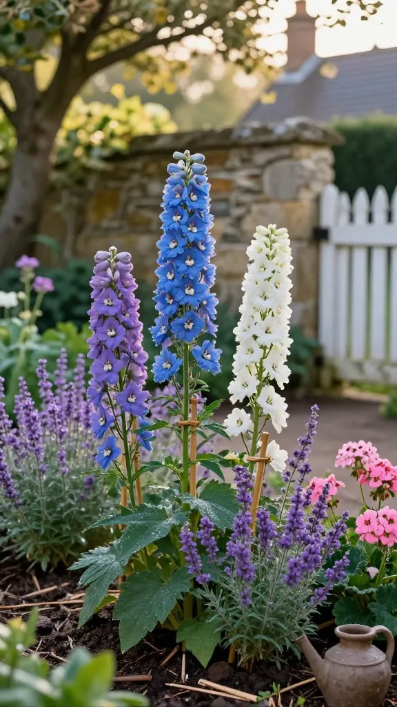 Golden-hour, realistic high-resolution garden photograph featuring towering delphinium spires as the main subject in cool shades of ocean blue, lilac, and white. The delphiniums are planted in groups of three, subtly staked with thin bamboo supports and discreet rings, rising behind billowy drifts of soft purple catmint and pink hardy geraniums for contrast. Setting is a romantic cottage garden border with rich, dark, composted soil and a light mulch, glistening with gentle morning dew. Background shows soft-focus weathered cottage stone walls and a white-painted picket gate, with dappled afternoon shade from an overhanging tree to suggest cooler growing conditions. Include hints of steady moisture via a nearby rustic clay watering jar and moist earth at the base. Shallow depth of field, crisp natural light, vibrant but true-to-life colors, and fine botanical detail on the delphinium florets and buds. No text.