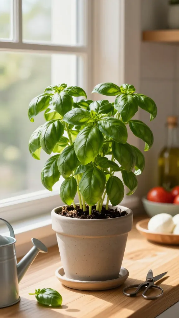 A realistic, high-resolution photo of a thriving potted basil plant on a sunny kitchen windowsill, lit by warm afternoon light streaming through a south-facing window. The basil is lush, bushy, and vibrant green with large, unblemished leaves showing healthy texture and slight gloss, clearly recently snipped to encourage growth. The plant sits in an 8–12 inch neutral-toned ceramic pot with visible drainage holes and a matching saucer, filled with light, well-draining potting mix. A watering can and a small pair of herb scissors rest nearby on a wooden countertop with a subtle scatter of trimmed basil leaves. In the background, soft-focus hints of a simple kitchen scene: a bowl of ripe tomatoes, fresh mozzarella, and a bottle of olive oil, evoking caprese and pasta-making. Natural, clean aesthetic, shallow depth of field, lifelike color, no text.