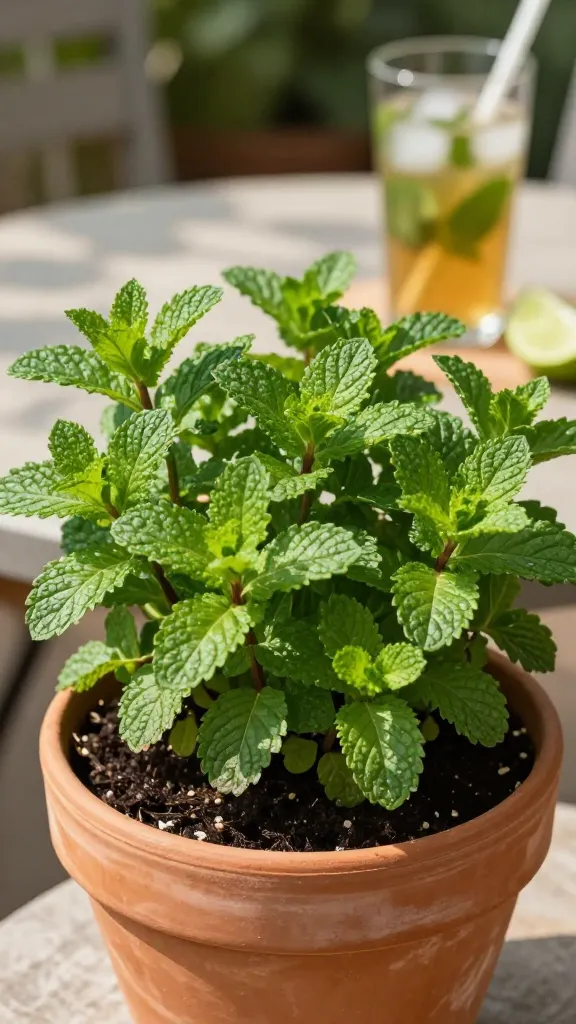 Close-up, realistic high-quality photo of a healthy potted mint plant as the hero subject, overflowing with vibrant green, textured leaves in a wide, 10-inch terracotta bowl-style pot. The plant sits on a small patio table with soft morning light, partial dappled shade hinting at afternoon protection. Leaves show fine serration and distinct veins, some dew-like moisture on the surface to suggest evenly moist soil. Visible rich, dark potting mix with good drainage, no flowers, just lush foliage. In the background, subtly out of focus, a glass of iced mint tea and a muddler near a lime wedge hint at mojitos. Include a plant tag with no readable text. Natural, cozy backyard setting with warm tones, shallow depth of field, cinematic realism.