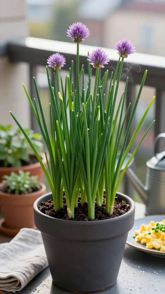 Close-up, high-resolution photo of a lush pot of chives as the main subject, set on a small balcony table in soft morning light. The chives are vibrant green, growing in dense, upright clumps from a matte charcoal 8-inch ceramic pot with visible drainage. Several slender hollow leaves have been freshly sheared, showing clean-cut tips about 2 inches above the soil. A few delicate, edible purple chive blossoms rise above the foliage, dewy and backlit for a gentle glow. In the softly blurred background: a cozy urban balcony scene with other small herb pots, a watering can, and a folded linen napkin beside a rustic plate of scrambled eggs sprinkled with finely snipped chives. Subtle condensation on the plate and a faint steam wisp suggest warmth. Natural, diffused light; realistic color tones; shallow depth of field; photorealistic detail emphasizing texture of leaves, blossoms, and potting mix.