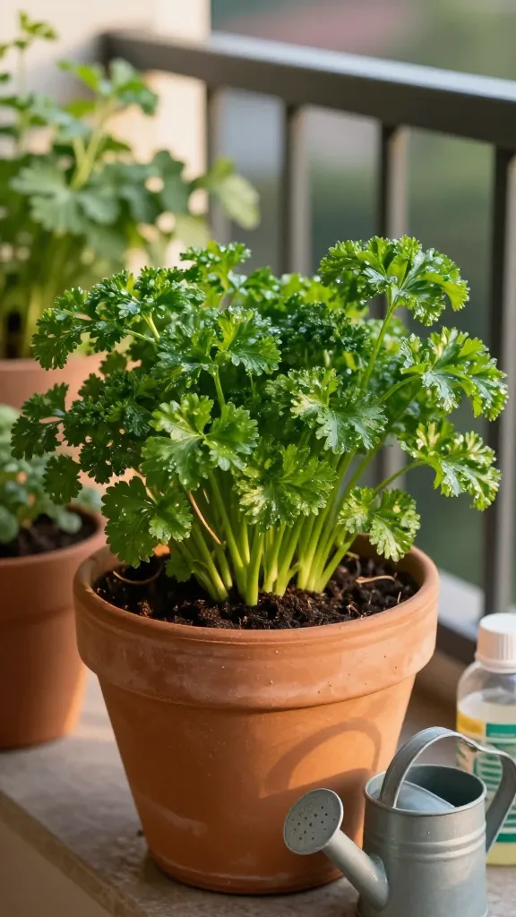 A realistic, high-resolution photo of vibrant parsley thriving in a container garden on a small balcony. The main subject is a healthy parsley plant showing both curly and flat-leaf varieties in a single large clay pot, 8–10 inches deep, filled with rich, well-draining soil. Dewy, lush green leaves with crisp texture, outer stems slightly harvested while inner stems remain upright and maturing. Soft morning light (golden hour) casts gentle highlights, indicating 4–6 hours of sun. A small watering can and a diluted liquid fertilizer bottle sit nearby to suggest regular, light feeding and even moisture. Subtle background includes other potted herbs and a railing, slightly blurred with shallow depth of field for realism. Natural colors, no text, documentary-style composition.