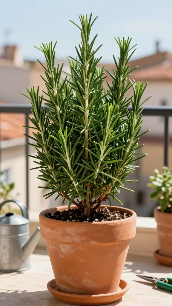 High-resolution, realistic photo of a healthy potted rosemary plant on a sunny urban balcony, evoking a Mediterranean vibe. The rosemary is lush, upright, and aromatic-looking with needle-like dark green leaves, lightly pruned into a tidy, compact mound. It’s planted in a 10–12 inch terracotta pot with visible drainage holes; the soil surface shows a fast-draining mix with perlite grains and a few coarse sand particles. Warm morning sunlight casts soft shadows; a gentle breeze is implied by a slight leaf tilt. In the background, out-of-focus city rooftops and a blue sky suggest 6–8 hours of sun exposure. Nearby are subtle gardening details: a small watering can, pruning shears, and a saucer set aside (not under the pot) to emphasize drainage. The overall mood is clean, serene, and fresh, like a Mediterranean balcony, with natural colors, crisp detail, shallow depth of field, and realistic textures. No text.