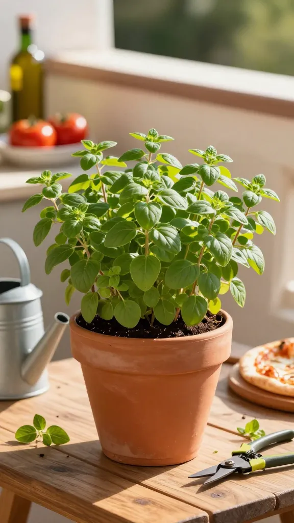 A realistic, high-resolution photo of a sun-drenched balcony herb garden featuring a healthy oregano plant as the main subject in an 8–10 inch terracotta pot. The oregano is lush, bushy, and slightly spreading with small, oval, deep-green leaves catching warm afternoon light (golden hour). A few stems have been lightly clipped with clean pruning shears resting nearby on a rustic wooden table. The soil surface looks dry on top with a light mulch, and a simple watering can sits in soft focus. In the background, include subtle Mediterranean cues: a bowl of ripe tomatoes, a bottle of olive oil, and a thin-crust pizza on a wooden peel slightly out of focus. The scene suggests bright, dry conditions with 6–8 hours of sun, and gentle shadows. Natural color palette, shallow depth of field, crisp details on oregano leaves, no text.