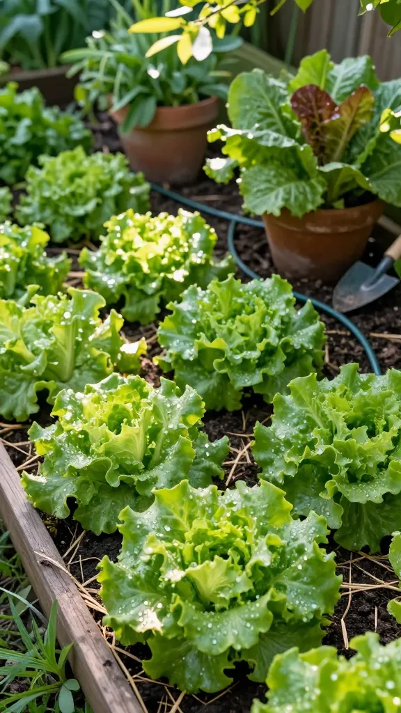 A realistic, high-resolution photo of a shady backyard garden corner transformed into a lush, productive space featuring vibrant leafy lettuce as the star. Focus on crisp, dewy heads and looseleaf clusters of butterhead and romaine in various shades of green, with a few red-tinged looseleaf varieties. Show lettuce planted 6–8 inches apart in a neat bed and in a couple of rustic terracotta containers, all mulched with fine straw to retain moisture. Soft early morning light filters through overhead tree branches, creating bright dappled shade (about 3–4 hours of gentle sun feel). Include a subtle soaker hose snaking through the bed, dark rich soil, and a small hand trowel resting on a wooden edge. Background hints of other shade-loving veggies are blurred to keep lettuce as the focal point. Hyper-detailed textures of leaves with slight frill, visible dew droplets, and natural color gradations; shallow depth of field; natural color grading; photo-real, 50mm lens perspective. No text.
