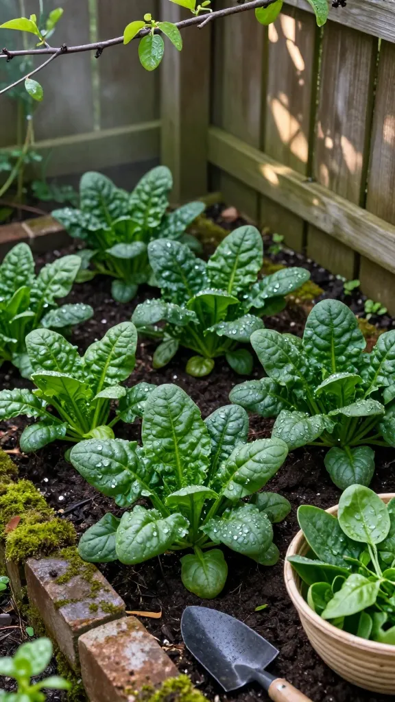 A realistic, high-resolution photo of a lush shade garden corner featuring vibrant, dewy spinach as the star crop. Capture a small, cool, north-facing bed bordered by mossy bricks under dappled light filtering through a wooden fence and overhanging branches. Show dense rosettes of dark green spinach—varieties like ‘Bloomsdale’ and ‘Tyee’—with crinkled, tender leaves at different stages, including harvest-ready baby leaves. The rich, well-drained soil is dark and mulched with compost, with a hand trowel and a shallow basket of freshly picked baby spinach nearby. Early morning cool ambiance with soft, diffused light, slight mist, and realistic textures of soil, leaves, and water droplets; shallow depth of field focusing on the spinach, natural color grading, ultra-detailed, 50mm lens look.
