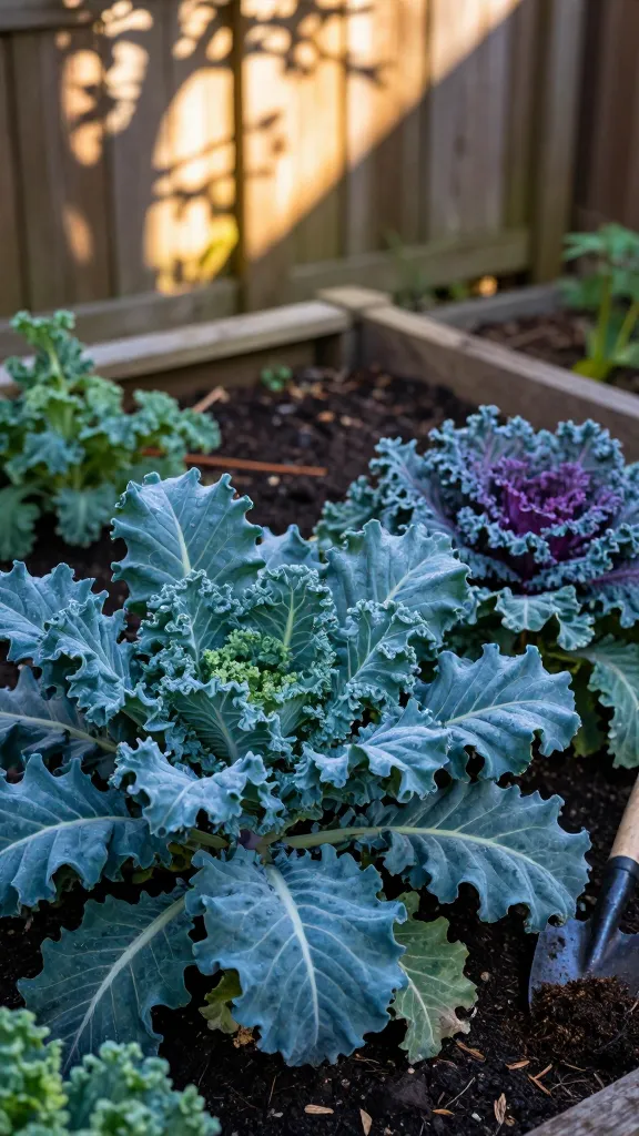 Photorealistic close-up of lush kale thriving in a shaded backyard garden corner, late afternoon light filtering through tree branches creating soft dappled shade. Foreground shows a mature Lacinato (dinosaur) kale plant with long, deeply textured blue-green leaves, alongside curly kale with ruffled edges and a Red Russian kale with purple-tinged stems and slate-green leaves. Visible rich, dark soil mulched with compost, a hand trowel and a small pile of compost off to the side suggesting mid-season feeding. Subtle condensation on leaves hinting at cool weather, with a light frost-kissed sheen on some edges to imply increased sweetness. Background includes a wooden fence and partial raised bed, with 3–5 hours of angled sunlight implied by soft shadows; no text, ultra-detailed, natural color grading, high-resolution DSLR look.