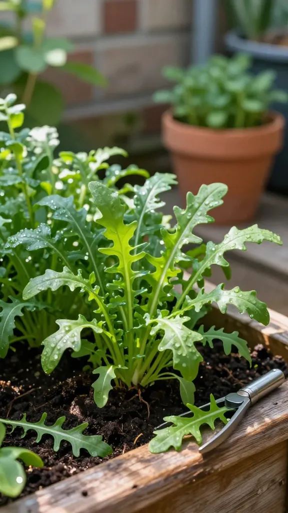 Ultra-realistic photo of a lush shade garden corner featuring vibrant green arugula as the star: tender, deeply serrated baby leaves growing densely in a shallow, rustic wooden planter under dappled morning light filtered through overhanging foliage. Visible dew on leaves, rich dark moist soil, and a small stainless-steel herb snip resting on the planter edge with a handful of freshly cut arugula. Background shows soft-focus cool-toned shade, a terracotta pot with young herbs, and a muted brick wall, conveying a cool microclimate. Emphasize crisp leaf texture, slight gloss from moisture, and the fresh, just-harvested feel. Shot at eye level with a fast lens for creamy bokeh, natural color grading, high detail, 50mm, f/2.8, HDR, no text.