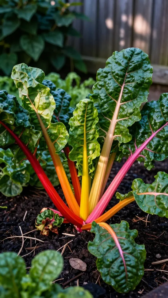 Close-up, high-resolution, realistic photo of Swiss chard growing in a shaded garden corner, emphasizing vibrant neon stems in red, orange, yellow, and pink against deep green, glossy leaves with crisp texture; dappled afternoon shade filtering through nearby shrubs and a wooden fence creates soft, cool light; moist, rich soil with light mulch, a few dew drops on leaves; mixed planting bed with other shade-loving greens subtly blurred in the background; include multiple varieties resembling ‘Bright Lights,’ ‘Rainbow,’ and a larger ‘Fordhook Giant’ plant; natural, slightly overcast ambiance to highlight color saturation; shallow depth of field, macro-leaning composition that makes the chard look like “garden jewelry,” realistic details, 50mm lens equivalent, f/2.8, HDR balanced, no text.
