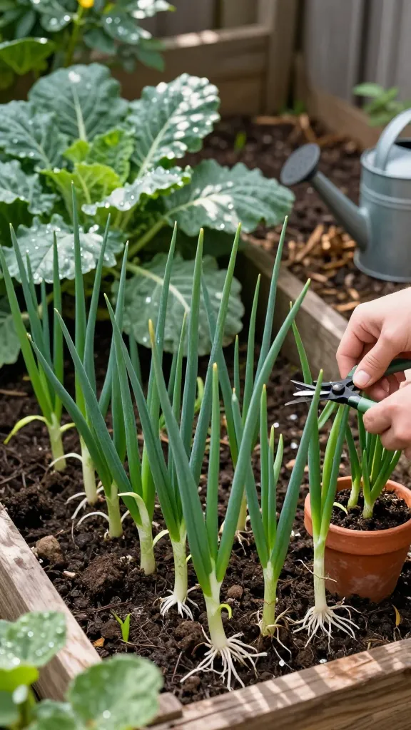 Realistic high-resolution photo of scallions/green onions thriving in a shaded urban garden corner, emphasizing “vegetables that grow well in shade.” Scene shows a dense clump of slender, tender scallions growing in well-drained, compost-rich soil in a shallow wooden container nestled between larger, slower crops (leafy brassicas) and along a border. Soft dappled shade from a nearby fence and overhanging foliage suggests 3–4 hours of indirect light. Some scallions are sown thickly with visible thinner seedlings for harvesting as thinnings; others are mature with vibrant green tubular leaves and white shanks, roots lightly exposed in crumbly, moist-but-not-soggy soil. A hand with clean garden snips is mid-action, clipping a few scallions for garnish. Include a small terracotta pot of scallions on the side to show container versatility. Watering can and mulch in background, subtle dew drops on leaves, natural color palette, shallow depth of field, sharp foreground detail, overcast daylight for soft shadows, no text.