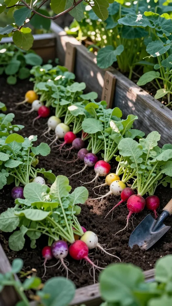 A realistic, high-resolution photo of vibrant radishes thriving in a shaded garden corner: dappled morning light filtering through leafy overhead branches onto neat rows and clusters of ‘Cherry Belle,’ ‘French Breakfast,’ and multicolored ‘Easter Egg’ radishes. Show crisp, round roots peeking from rich, moist soil with healthy green tops, a simple wooden row marker and a small hand trowel nearby. Include a cool, subdued color palette to suggest 3–4 hours of gentle light, with soft shadows and no harsh afternoon sun. In the background, partial shade from taller greens and a weathered raised bed frame. Compose a shallow depth of field focusing on freshly pulled radishes with fine soil clinging, emphasizing texture and freshness. Photorealistic, natural garden setting, no text.