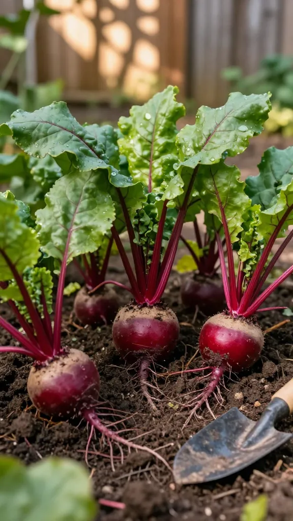 Realistic high-quality photo of a shaded garden bed showcasing vibrant beet plants thriving under dappled sunlight filtering through tree leaves. Focus on several mature beets with partially exposed, round, ruby-red roots pushing from loose, fertile, stone-free soil, surrounded by lush, tender beet greens with crisp stems and slightly glossy leaves. Include a natural setting with a wooden fence and tree canopy casting soft patterns of light, emphasizing the 3–5 hours of indirect light. Show thoughtful spacing between plants (about 3 inches) to suggest thinning, with a few baby beets freshly pulled and resting on the soil, roots dusty and greens perky. Moist, well-cultivated earth with visible organic matter, subtle dew on leaves, and a hand trowel nearby for scale. Shallow depth of field, warm natural tones, true-to-life textures, high resolution.