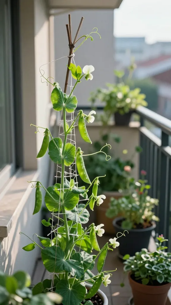 A realistic, high-resolution photo of a narrow balcony garden in soft morning light, showcasing thriving sugar snap and snow pea vines climbing a simple vertical trellis made of netting and twine, with a small twig teepee at one end. The scene is partially shaded by a nearby building, with dappled sun highlighting plump green pods and delicate white pea blossoms. Dew-kissed leaves with tendrils curling around strings, and a few ripe pods ready to pick. Background includes container planters, a tidy railing, and other shade-tolerant greens. Color palette is fresh greens and cool tones, with gentle contrast between sunlit areas and cool shade. Shot on a full-frame camera, 50mm lens, shallow depth of field for a crisp subject and softly blurred urban backdrop. No text.