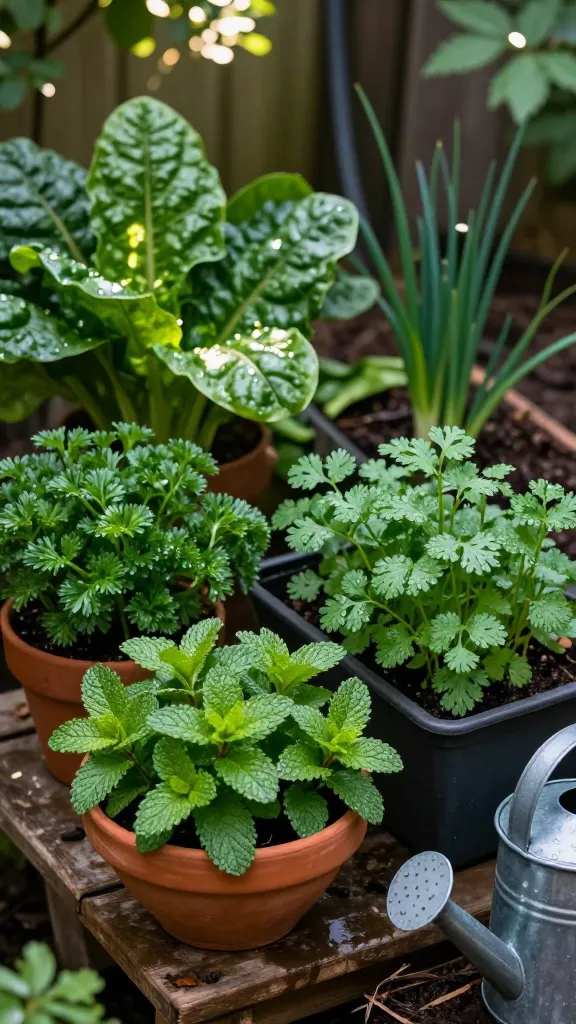 A realistic, high-resolution photo of a shady backyard corner transformed into a lush “low-light herb bar,” featuring thriving parsley, cilantro, and mint as the main focus. Show dappled afternoon light filtering through tree leaves onto a small, weathered wooden potting table and surrounding area. In the foreground, a wide, shallow terracotta bowl contains dense, bright-green mint with textured, serrated leaves; nearby, a deep pot holds curled parsley, and a rectangular planter shows feathery cilantro—each plant dewy and vibrant, with tender, non-bolting growth. Include additional leafy shade-loving vegetables subtly in the background to echo the article’s theme: a few Swiss chard leaves, baby spinach, and a cluster of scallions peeking from a raised bed. The setting should feel cool and moist: dark, rich soil, a soft layer of mulch, a coiled hose, and a small metal watering can with droplets. Light is soft and diffused, with gentle bokeh highlights, emphasizing leaf texture and freshness. Composition is immersive at herb level, shallow depth of field, natural color grading, ultra-detailed macro textures, 50mm lens, early evening ambiance. No labels or text.