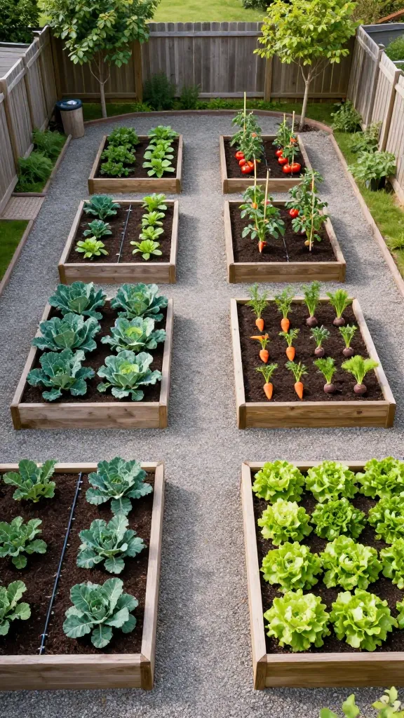 A sunlit backyard with multiple raised garden beds arranged in a precise grid layout, featuring neat 4x8 foot wooden beds aligned in even rows with consistent 2–3 foot gravel walking paths between them. Each bed is clearly planted by squares or rows: one bed with leafy brassicas (kale, broccoli, cabbage), another with tomatoes staked and mulched, another with carrots and beets in tidy lines, and another with lettuces in tight square plantings. Overhead view slightly angled to show the entire organized layout and symmetry. Natural materials (untreated cedar), dark rich soil, drip irrigation lines neatly routed, and a small compost bin at the edge. Background includes a simple wooden fence, a couple of fruit trees, and soft morning light casting gentle shadows. Hyper-realistic, high-resolution, vibrant but natural colors, no labels or text.