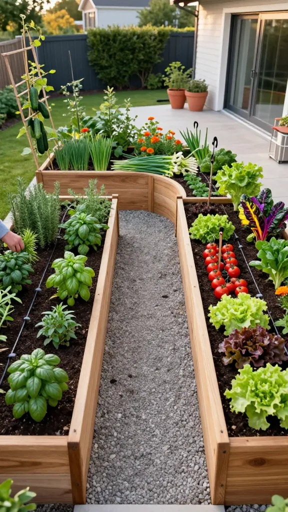 Golden-hour, high-resolution photo of a U-shaped raised bed vegetable garden in a suburban backyard, styled like a chef’s kitchen workspace. Three wooden cedar beds form a U with the open side facing a modern patio and sliding glass doors of a home. The two side beds are narrow (2–3 ft wide) and the back bed is deeper (3–4 ft wide), with a clean interior aisle 32 inches wide finished in compacted gravel. The back bed faces south and is bursting with sunlit, high-use kitchen crops: dense basil, parsley, cilantro, chives, a row of scallions, compact cherry tomatoes staked neatly, mixed lettuces, and vibrant rainbow chard. The side beds feature thyme, rosemary, oregano, dwarf peppers, marigolds for pest control, and a small trellis with cucumbers trained up. Soil is rich, dark, and mulched; irrigation is via subtle drip lines. A gardener’s hand reaches in from the aisle harvesting herbs without stepping into the beds, evoking effortless access. Background includes a tidy fence, a couple of terracotta pots, and a stainless-steel herb snip on a small caddy. Soft sunlight, realistic textures, shallow depth of field highlighting the U layout and productive crops, no text.