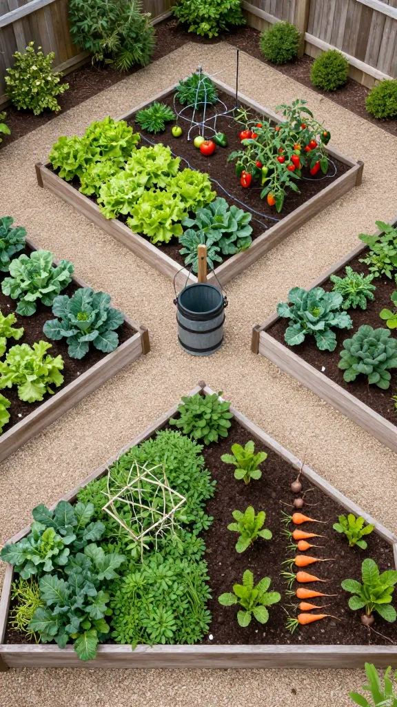 Ultra-realistic overhead photo of a backyard raised-bed garden configured as a “four-season pinwheel” layout: four wedge-shaped or rectangular wooden raised beds arranged around a small central hub with a compact compost bin and a rain barrel. Cross-shaped gravel or mulch paths provide clear access to every bed. Each bed shows a distinct crop family at peak health: Leaf bed with lush lettuces and dark-green brassicas (kale, broccoli); Fruit bed with staked tomatoes and peppers, tomato cages, and drip irrigation lines; Root bed with neat rows of carrots and beets, visible carrot tops; Soil builder bed with dense green cover crop (clover/vetch) and a few peas on a small trellis. Natural, slightly overcast daylight for soft shadows, rich soil texture, clean edging, subtle garden tools on a central post, and a tidy cedar fence and shrubs in the background. High-resolution, realistic color, shallow aerial perspective capturing the full layout, no text.
