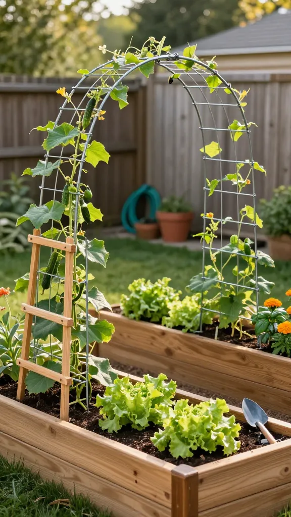 High-resolution, realistic photo of a compact backyard raised bed garden showcasing a vertical trellis system as the main subject. In the foreground, two parallel cedar raised beds filled with rich soil and lush green growth. Dominating the scene is a sturdy cattle panel arch trellis spanning between the beds, made from a 16-foot galvanized welded wire panel bent into an elegant tunnel; it’s securely fastened to the bed corners with heavy-duty zip ties and metal brackets. Young but vigorous cucumbers and pole beans climb the arch with neat tendrils, while delicate yellow cucumber blossoms and early bean pods are visible. On one side bed, an A-frame trellis built from smooth 2x2 cedar supports a young squash vine trained upward with soft garden ties; on the opposite end, a T-post and galvanized wire trellis runs lengthwise, taut and evenly spaced, with twine leaders guiding shoots. Posts are sunk into the soil about 12–18 inches and braced, showing attention to wind resistance. Under the trellises, freed bed space hosts compact lettuce, basil, and marigold companions. Golden late-afternoon sunlight creates gentle highlights and soft shadows; background features a simple wooden fence, a few terracotta pots, a coil of garden hose, and a hand trowel on the bed edge. Natural colors, crisp detail, shallow depth of field focusing on the trellis structures and climbing vines, no text.