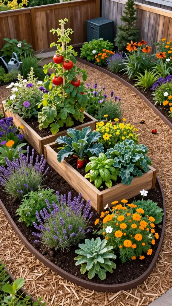 Golden-hour, high-resolution aerial photo of a backyard featuring a “Pollinator Border + Power Core” raised bed layout: 3 rectangular cedar raised beds clustered in the center, brimming with lush, productive vegetables (tomatoes on trellises, bushy peppers, leafy kale, and basil). Surrounding them is a continuous 1–2 foot perimeter border overflowing with colorful pollinator plants and aromatic herbs—lavender, echinacea, calendula, salvia, cosmos, marigolds, and thyme—alive with visible native bees, ladybugs, and lacewings. Curved, well-defined mulched pathways (wood chips) weave between beds and the border, with tidy edging. Realistic textures: damp rich soil, dew-kissed leaves, subtle imperfections on wood, soft sunlight creating warm highlights and gentle shadows. Background shows a tasteful wooden fence, a small compost bin, and a watering can—no people, no text. Ultra-realistic, magazine-worthy garden composition emphasizing both beauty and high productivity.
