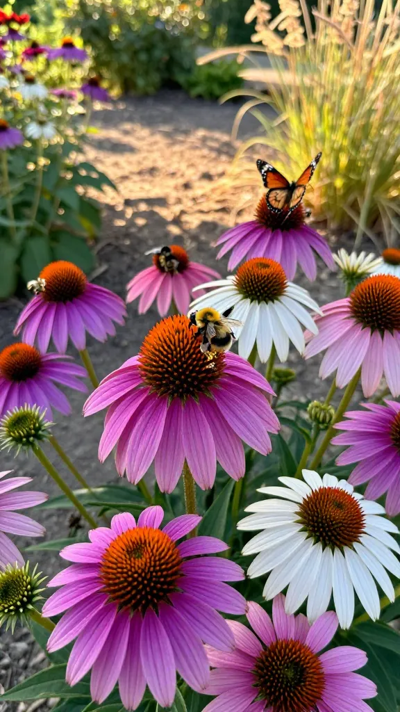 Ultra-realistic close-up garden scene featuring vibrant Echinacea (coneflowers) in full bloom as the main subject, photographed at golden hour. Clustered drifts of purple, pink, and white coneflowers with prominent spiky orange seed cones fill the midground, some fresh and some going to seed for finches perched delicately pecking at seed heads. Multiple native pollinators are visible: a fuzzy bumblebee deep in a central bloom, a small native bee on a petal edge, and a monarch butterfly sipping nectar. Background shows a sunlit, well-drained, mulched bed in full sun with soft bokeh of additional perennials and prairie grasses, subtle dry, sandy loam texture at soil level. Crisp, natural lighting with shallow depth of field highlights petal texture and pollen dust on bee hairs. Color palette: saturated magentas, soft pinks, bright whites, and warm golden tones. Composition: eye-level macro perspective, tack-sharp focus on foreground coneflowers and pollinators, with a few deadheaded stems and mature seed heads left intact to emphasize seasonal interest. No text, photo-real, 50mm equivalent, high-resolution.