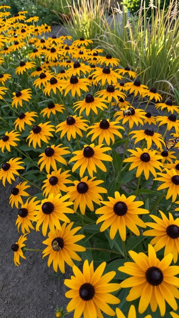 A realistic, high-resolution photo of a vibrant pollinator garden in midsummer featuring a sweeping mass of Black-Eyed Susans (Rudbeckia hirta) as the dominant subject. Capture dense drifts of golden-yellow daisy-like blooms with prominent dark brown centers, backlit by warm late-afternoon sun to emphasize petal translucency and rich contrast. Include a few visible pollinators—honeybee and bumblebee actively foraging on the disk florets, plus a monarch butterfly perched on a bloom—showing motion blur on wings but crisp detail on bodies. Set the scene in a sunny border with poor, sandy-loam soil subtly visible between clumps, interplanted with a few airy native grasses for texture. Depth of field: shallow-to-medium to keep foreground flowers razor-sharp while softly blurring the background into a naturalistic meadow feel. Colors true-to-life and saturated: golden petals, deep chocolate centers, fresh green foliage. Shooting angle slightly low and close, macro-leaning, to highlight the flower centers and pollinator interaction. No people, no text, natural outdoor lighting, late-summer ambiance.