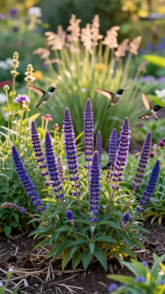 Realistic, high-resolution garden photo at golden hour showing a vibrant pollinator border centered on blooming salvia (Salvia nemorosa and native sages) with tall, spiky flower wands in deep indigo, violet, and cobalt hues (‘May Night’, ‘Caradonna’, ‘Victoria Blue’). Multiple hummingbirds in mid-hover feed from tubular salvia blooms, wings blurred, iridescent green and ruby throats catching warm sunlight. The salvia is planted in full sun at the front-to-mid border, creating strong vertical accents amid complementary perennials and airy grasses; fresh green foliage with some spent spikes visibly sheared to encourage rebloom. Softly blurred background of a naturalistic, pollinator-friendly garden extending into late spring–early fall, with rich, well-drained soil, light mulch, and a few unopened buds promising continued bloom. Shallow depth of field, crisp foreground detail, natural colors, no human elements, no text.