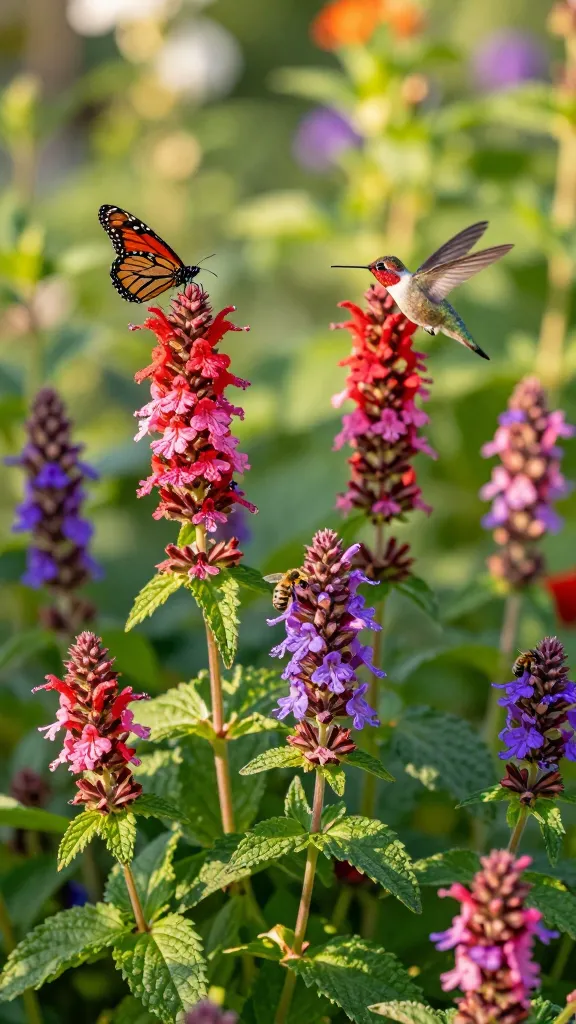 Ultra-realistic close-up photo of vibrant bee balm (Monarda) flowers in full mid-to-late summer bloom, captured at golden hour in a lush pollinator garden. The shaggy, “firework” flower heads in saturated reds, pinks, and purples burst from tall, square mint-family stems with healthy, deep-green foliage. Multiple pollinators are visible: a ruby-throated hummingbird sipping from a red bloom mid-hover, a monarch butterfly perched on a pink flower, and fuzzy native bees working purple blossoms. Subtle morning dew and evenly moist soil suggest consistent watering; plants are well-spaced for airflow to prevent mildew, with soft bokeh showing more bee balm and airy garden layers behind. Natural lighting, crisp detail of petals and wing motion, shallow depth of field, high-resolution macro realism.