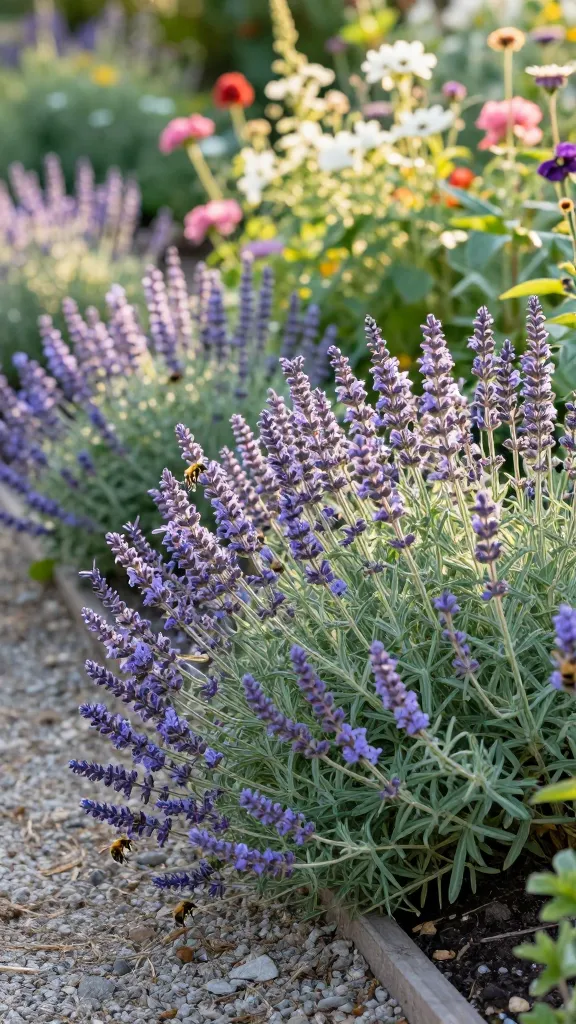 Realistic high-resolution photo of a sunlit pollinator garden centered on lush catmint (Nepeta) in peak bloom, forming soft, airy drifts of lavender-blue flower spikes over silvery-green, aromatic foliage. The catmint is massed along a gravel path edge, gently spilling to soften the hard line, with subtle variations showing cultivars like ‘Walker’s Low’ and ‘Cat’s Pajamas’ (compact mounds) and ‘Six Hills Giant’ (taller, arching). Numerous pollinators—bumblebees, honeybees, and a few small butterflies—actively forage on the blooms. Lighting is golden-hour warm with soft shadows; background includes a blurred mix of complementary perennials (e.g., pale pink and white accents) and dry, well-drained soil hints. A gardener’s hand with pruning shears is slightly out of focus in the mid-ground, suggesting a light post-bloom trim for rebloom. Composition emphasizes texture, movement, and the long-blooming, easy-care vibe; shallow depth of field, natural colors, no text.