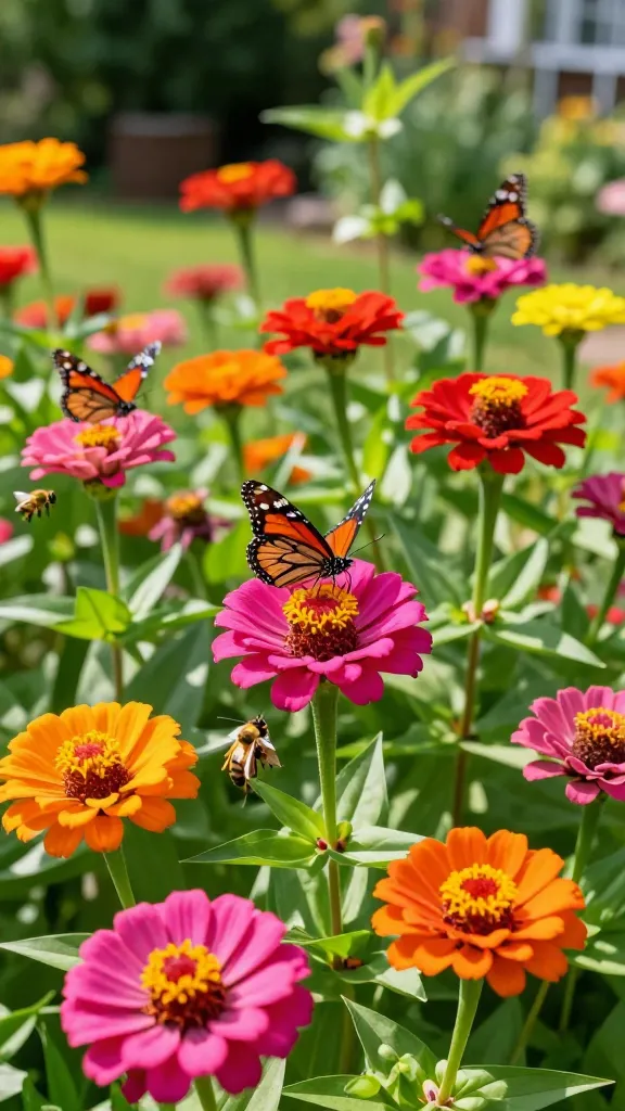 Ultra-realistic close-up photo of a vibrant zinnia patch in peak summer bloom, featuring single and semi-double neon-colored flowers (hot pink, orange, red, and lime) with prominent yellow disc florets accessible for nectar. Multiple native butterflies actively visiting (painted lady, monarch, swallowtail) captured mid-landing and sipping, with a few bees in the background. Bright, sunlit afternoon with strong, warm light and heat shimmer, crisp details of petals and pollen, slight breeze movement. Plants spaced with visible air gaps to imply good airflow; some spent blooms already deadheaded, fresh buds emerging. Background shows a softly blurred cottage-garden scene with more zinnias filling a summer gap, rich green foliage, and no text or human elements. Shot with a full-frame DSLR, 85mm lens, f/2.8 for creamy bokeh, high-resolution, natural colors, lifelike textures.