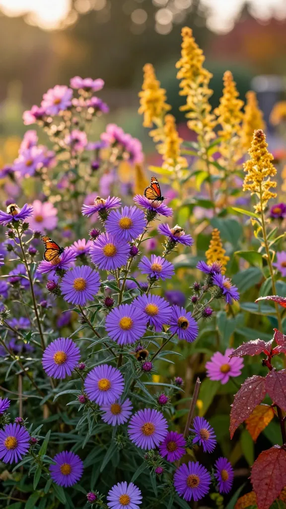 Golden-hour, early autumn pollinator garden featuring a dense drift of blooming asters as the star subject—tall New England asters (Symphyotrichum novae-angliae) in vivid purples and magentas mixed with slightly shorter New York asters (S. novi-belgii) in pinks and lavenders—planted beside feathery goldenrod plumes to create a rich “fall nectar bar.” Capture a crisp, realistic, high-resolution close-to-mid shot with shallow depth of field: foreground blossoms sharply detailed (ray florets and yellow disk centers), background softly bokeh’d in warm amber light. Include active pollinators: a monarch butterfly nectaring on a purple aster, a few native bees (sweat bee and bumblebee) working different flower heads. Subtle signs of late season—russet leaves, dewy stems, and slightly wind-ruffled petals—add authenticity. Naturalistic, slightly wild planting with discreet, unobtrusive stakes barely visible among stems. Color palette: saturated purples, pinks, and golds against soft green foliage, warm backlight flares. Shot on a full-frame camera, 85mm lens, f/2.8, ultra-realistic botanical detail, no text.