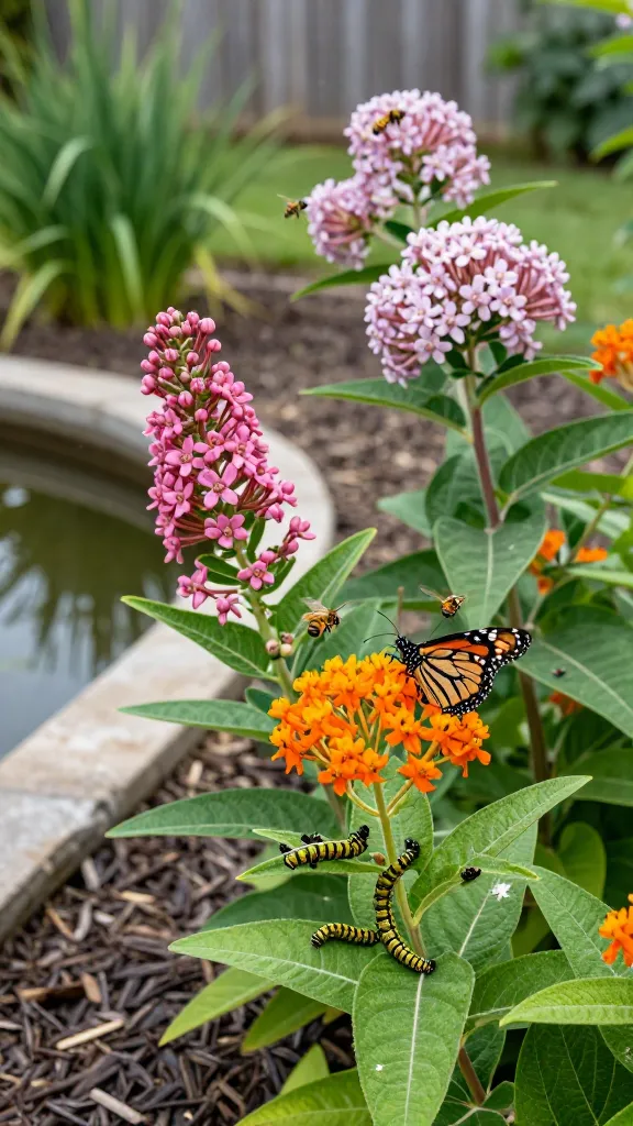 Close-up, realistic high-resolution photo of a vibrant pollinator garden centered on milkweed in peak bloom, showing three species together: bright orange clusters of Butterfly Weed (Asclepias tuberosa) in the foreground with narrow leaves; tall pink flower umbels of Swamp Milkweed (A. incarnata) near a small rain-garden pond edge with lush, moist soil; and larger, pale pink-lilac globes of Common/Showy Milkweed (A. syriaca/speciosa) with broad leaves in the mid-background. A monarch butterfly female delicately ovipositing on a milkweed leaf, several monarch caterpillars feeding on leaves, plus native bees and a hoverfly visiting nectar-rich blossoms. Natural morning light with soft bokeh, realistic textures on leaves and petals, milkweed latex visible where a leaf is nibbled, subtle garden context with mulch, native grasses, and a blurred fence line—crisp detail, true-to-life colors, shallow depth of field, professional macro-telephoto composition.