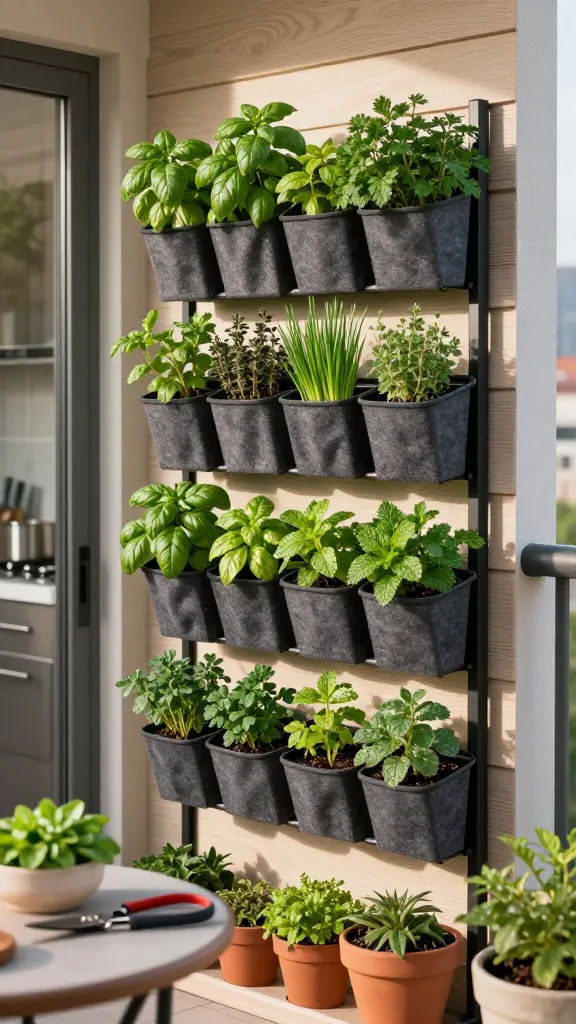 Realistic high-resolution photo of a compact sunny balcony showcasing a vertical herb wall as the main subject for container gardening: a matte-black metal frame holding staggered stackable planters and wall-mounted felt pockets filled with lush, healthy herbs—basil, thyme, chives, parsley, and mint isolated in its own pocket—arranged in neat rows at eye level. Soft morning sunlight casts gentle shadows across a light wood slat wall, highlighting dew-kissed leaves and rich soil texture. In the foreground, a small bistro table with pruning shears and a ceramic bowl of freshly snipped herbs suggests snip-and-cook convenience near a glass kitchen door. Terracotta and matte ceramic containers line the base with overflow greens, while a subtle urban skyline blurs in the background. Natural color palette, shallow depth of field, crisp detail, no text, ultra-realistic, 50mm lens perspective.