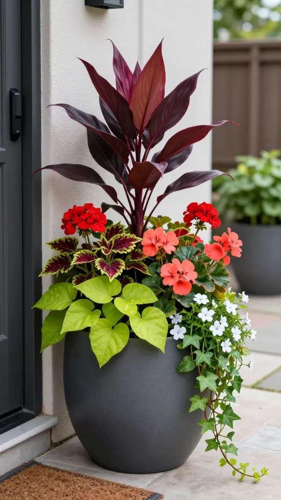 Realistic high-resolution photo of a stylish entryway container garden on a small urban patio, showcasing the classic thriller–filler–spiller design. Main subject: a large, modern charcoal ceramic pot placed beside a front door, filled with a tall, architectural thriller (deep burgundy cordyline spikes) rising from the center. Around it, lush fillers including vibrant red geraniums, coral begonias, and variegated coleus in chartreuse and burgundy. Cascading over the rim, vigorous spillers of lime green sweet potato vine, trailing English ivy, and delicate white bacopa flowers. Soft morning light, shallow depth of field, natural color tones, a clean contemporary backdrop with pavers and a subtle doormat, a hint of another matching pot blurred in the background for balance. Photorealistic detail: dewdrops on leaves, slight soil texture visible, crisp leaf veining, accurate plant forms and proportions. No text, no people.