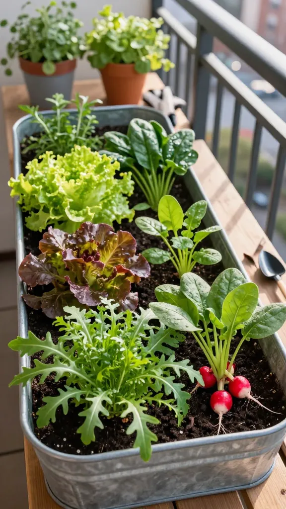 Realistic high-quality photo of a compact “salad bar” container garden on a small urban balcony: a 24–36 inch shallow galvanized metal trough (window-box style) filled with rich, dark potting mix, densely planted with vibrant cut-and-come-again greens. Foreground shows lush arugula with jagged leaves, mixed baby lettuces in varied greens and burgundy, tender spinach rosettes, and a neat row of young radish tops with a few partially revealed red radishes at soil level. Soft morning partial sun casts gentle highlights and dappled shadows, suggesting an east-facing spot. A small hand trowel, gardening gloves, and a slow-release fertilizer scoop rest nearby on a simple cedar bench. Background includes railing, potted herbs, and cityscape bokeh to emphasize a balcony/small space setting. Moist soil texture, slight dew on leaves, and realistic depth of field for a fresh, ready-to-harvest feel. Natural color palette, crisp details, no text.