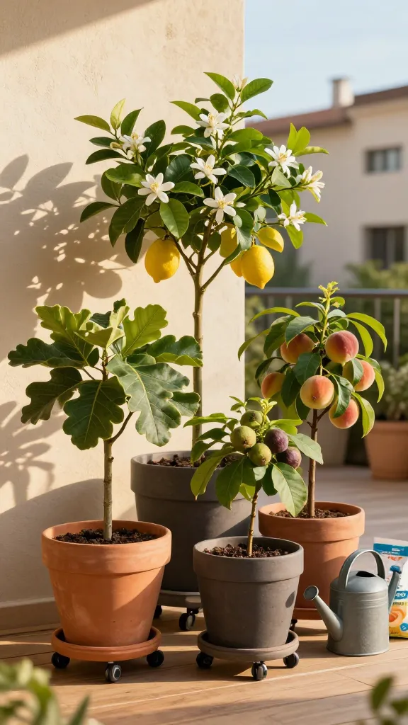 Golden late-afternoon photo of a sunny urban patio transformed into a mobile mini orchard: three dwarf fruit trees—Meyer lemon, fig, and patio peach—thriving in 15–20 gallon terracotta and matte charcoal planters with visible drainage holes and saucers. Each pot is mounted on low-profile caster platforms for easy rolling, with subtle wheel details. The lemon tree shows glossy green leaves and clusters of fragrant white blossoms plus a few ripening yellow lemons; the fig displays broad, sculptural leaves with a couple of small green-purple figs; the peach has soft, narrow leaves and a few blushing peaches. Warm Mediterranean vibe with sun-dappled shadows on a clean wood deck, a stucco wall in the background, and a hint of blue sky. Nearby, a tidy watering can, a small bag of citrus-specific fertilizer, and a moisture meter rest beside the pots. Natural, realistic lighting, shallow depth of field, high-resolution detail of leaf texture, fruit skin, and pot surfaces; no text.