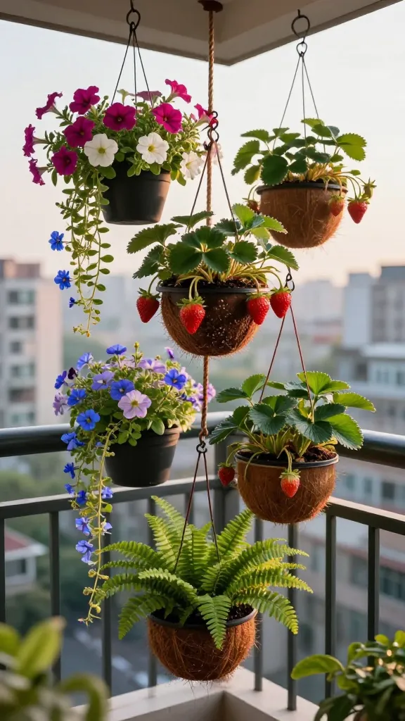 Ultra-realistic photo of a small urban balcony transformed into a “sky garden” with multiple hanging baskets as the focal point—lightweight black plastic and natural coco-lined baskets suspended at staggered heights from sturdy ceiling hooks and a tension rod. Lush, overflowing plantings include cascades of magenta and white petunias, trailing blue lobelia, and ripening strawberry plants with dangling runners and a few glossy red fruits; a shaded corner features feathery green ferns. Baskets are packed with a rich, dark, moisture-retaining potting mix speckled with compost, subtly visible at the rim. The balcony has minimal floor clutter, slim metal railings, and a soft golden hour glow; a blurred cityscape beyond frames the hanging blooms with depth and bokeh. Natural color palette, high dynamic range, crisp detail on leaves and petals, gentle breeze motion in trailing vines, realistic shadows, 50mm lens perspective. No text.