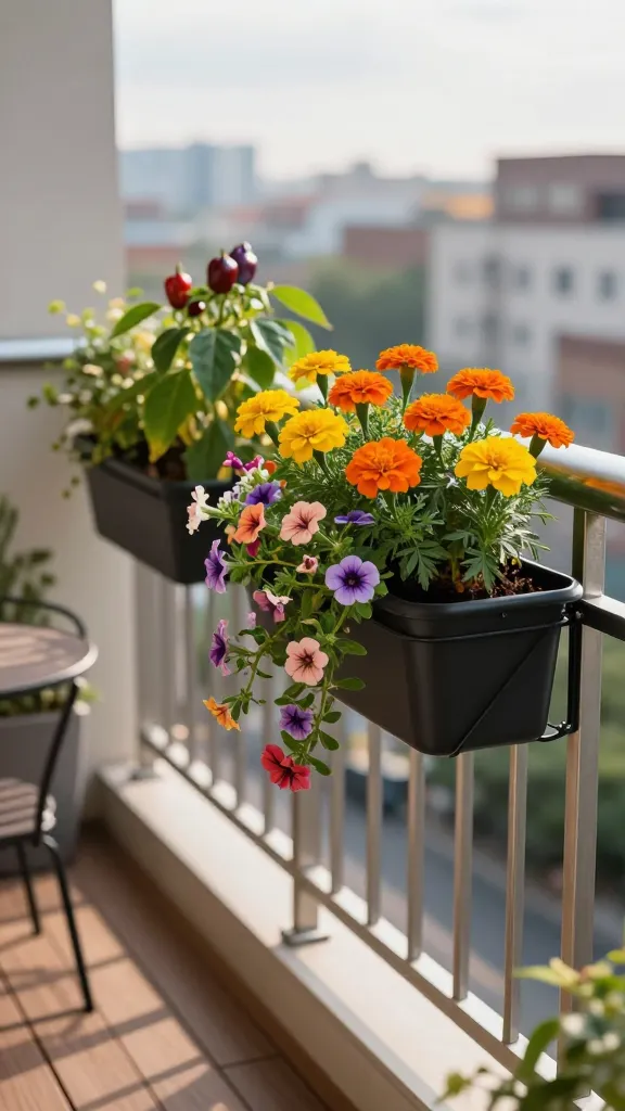 Realistic, high-resolution photo of a small urban balcony transformed with clip-on rail planters as the main focus, showcasing a series of matte black metal planters securely attached along a brushed steel balcony railing. The planters overflow with compact marigolds in bright orange and yellow, trailing calibrachoa in mixed jewel tones, and a few dwarf pepper plants with glossy green leaves and small red and purple peppers. Soft late-afternoon sunlight highlights the foliage texture and blooms, casting gentle shadows on a clean wooden deck. In the background, a blurred mid-rise cityscape and soft sky bokeh add depth without distracting from the rail planters. Include subtle details: sturdy adjustable brackets gripping the rail, slight soil texture at the base of plants, a small bistro chair and table set off to the side to frame the space. Color palette is vibrant but natural, with crisp realism, shallow depth of field, and lifelike lighting to emphasize the instant edge greenery effect for patios and balconies.
