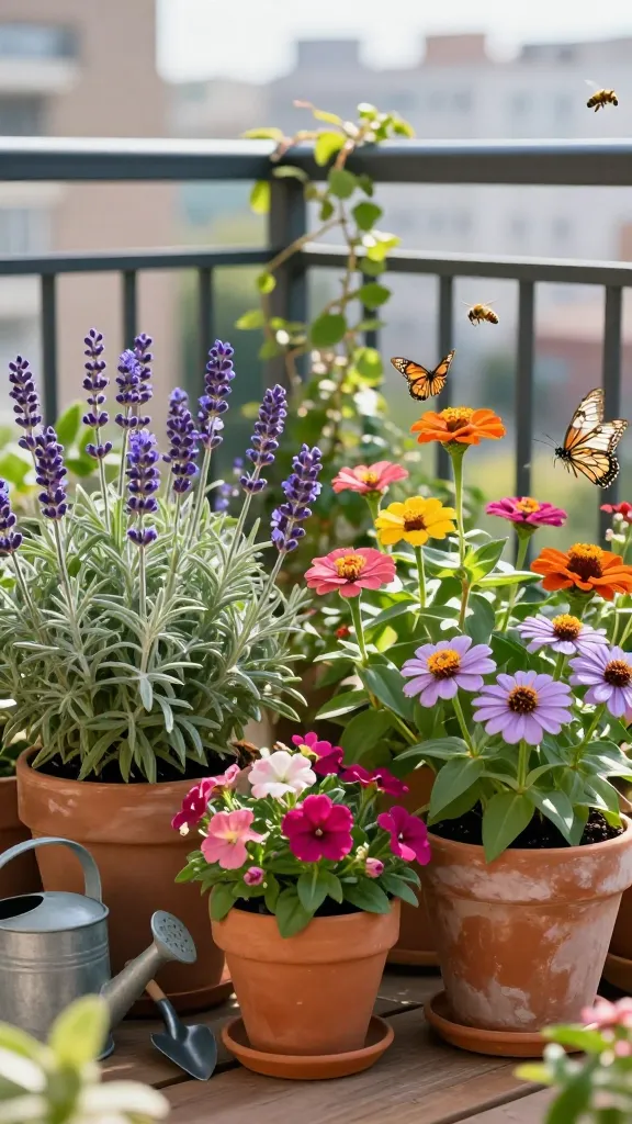 Realistic high-quality photo of a small urban balcony transformed into a “pollinator paradise” container garden, featuring multiple terracotta and matte ceramic pots arranged at varying heights on a simple wood deck. In bright late-afternoon sunlight, a lively mix of nectar-rich plants blooms: lavender with silvery foliage and purple spikes, deep blue-purple salvia, pink and orange zinnias, magenta and yellow lantana clusters, and pale purple coneflowers with orange centers. A few butterflies (monarch and swallowtail) and fuzzy honeybees hover and land on blossoms, captured mid-motion with shallow depth of field. Background shows a soft-focus cityscape and railing with a few trailing vines; a watering can and small hand trowel rest beside the pots to suggest low-fuss care. Natural color palette, crisp detail on petals and pollinators, gentle bokeh, realistic lighting, no text.