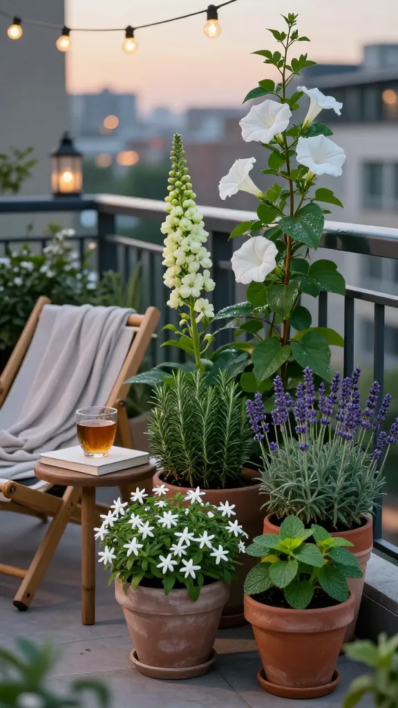 Golden-hour patio container garden “scent station” on a small urban balcony, styled for evening relaxation: cluster of lush aromatic plants in varied ceramic and terracotta pots arranged near a low teak lounge chair with a linen throw and a small side table holding a book and a glass of herbal tea. Foreground pots include blooming night-scented jasmine with delicate white star-shaped flowers, tall nicotiana with pale green-white trumpets, and a moonflower vine climbing a slim trellis, its large white blooms beginning to open at dusk. Intermixed are herbs—rosemary with woody sprigs, silvery lavender in soft bloom, and bushy lemon balm—brushed by a gentle breeze. Warm string lights overhead, subtle candle lanterns, and soft bokeh city lights in the background. Realistic textures, dewy leaves, shallow depth of field, natural color grading, high-resolution evening photography.