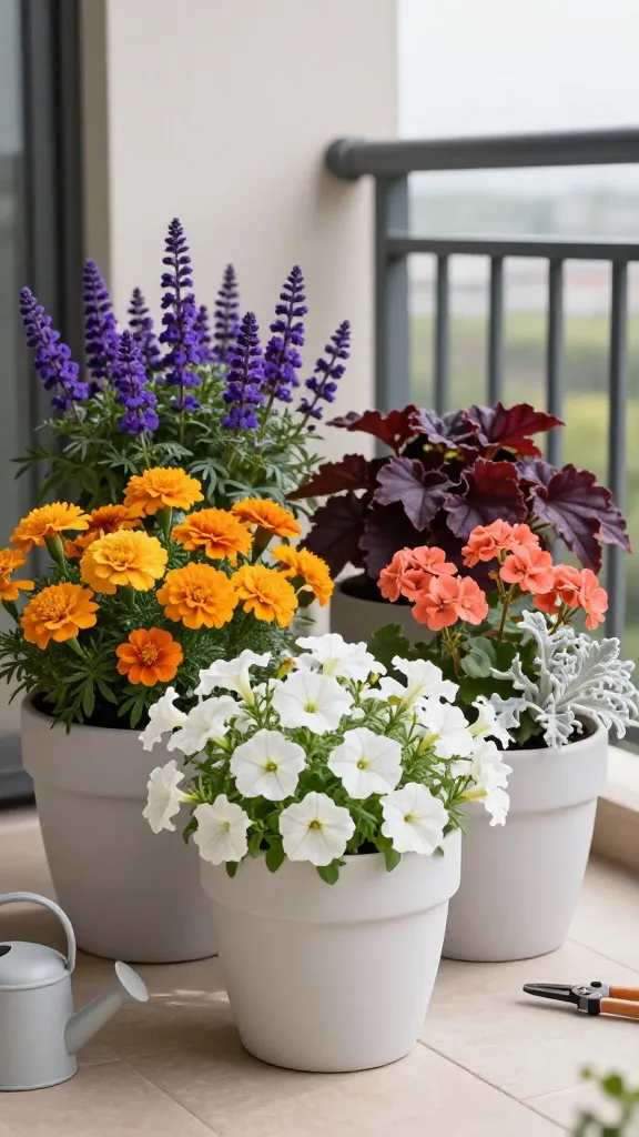 Realistic high-quality photo of a stylish small patio showcasing a color-themed container trio, the main subject being container gardening: three matching medium-sized matte ceramic pots arranged in a neat row on a sunlit balcony deck with a simple modern railing in the background, shallow depth of field. Each trio shows one monochrome color family for a designer look. Foreground trio: all whites—lush alyssum spilling over the rim, white petunias with crisp petals, and soft silvery dusty miller foliage, all in identical light gray pots. To the side, a second trio in warm sunset tones—glowing marigolds, golden-orange calibrachoa, and coral geraniums—also in matching pots. In the back, a moody purple trio—deep violet salvia spikes, rich purple verbena clusters, and dark burgundy heuchera leaves—again in identical containers. Soft morning light, gentle shadows, clean minimalist setting with a neutral wall, a small watering can and pruners on the deck for realism, no people, no text. Ultra-detailed textures on petals and leaves, natural color rendition, 50mm lens look, high resolution.