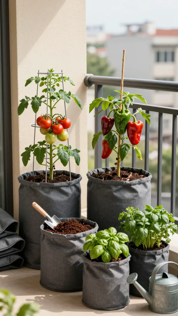 Realistic high-resolution photo of a small urban balcony container garden featuring fabric grow bags as the star. Show several charcoal-gray fabric grow bags neatly arranged along a sunny railing: two 10-gallon bags each with a vigorous tomato plant supported by a metal tomato cage, clusters of ripening red and green tomatoes, and mulched soil; one 5-gallon bag with a sturdy pepper plant bearing glossy red and green bell peppers and a slim bamboo stake; and two 3-gallon bags brimming with lush herbs like basil and parsley. Include a small hand trowel, a scoop of dark compost being top-dressed on one bag, and a watering can nearby. Background shows a soft-focus cityscape with mid-morning natural light, warm tones, and gentle shadows. Emphasize the breathable fabric texture, well-drained soil, and the compact, renter-friendly setup with a couple of folded, empty grow bags stacked by the door. No text.
