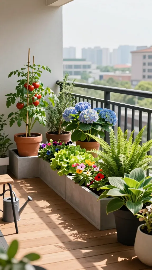 Realistic high-quality photo of a stylish small balcony container garden showcasing a clear sun–shade zoning plan: on the brightest side, full sun area with thriving tomato plants in large terracotta pots supported by bamboo stakes, a rosemary shrub in a modern concrete planter, and a bright row of colorful zinnias; in the middle, partial sun zone with a wide, elegant container of mixed leaf lettuces, a big pot with a blooming hydrangea, and cheerful impatiens in dappled light; on the shaded side, lush ferns, broad-leaf hostas, and begonias in matte black planters. The balcony has warm wood decking, black metal railings, and soft morning light casting directional shadows that clearly differentiate sun exposure zones. Include a small bistro chair and watering can to suggest care, with a subtle urban skyline in the background. Shot at eye level, natural colors, crisp details, shallow depth of field emphasizing the container garden and the gradation from sun to shade. No text.