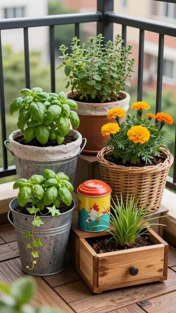 Realistic high-resolution photo of a cozy small balcony container garden showcasing upcycled planters as the focal point: a vintage galvanized bucket, a woven wicker basket, colorful retro tea tins, and a rustic reclaimed wooden drawer, all used as planters. Each container has discreet drainage holes and is lined with visible landscape fabric edges. The interior of the metal bucket shows a subtle sealed sheen; the drawer’s interior wood appears lightly sealed. Grouped in an odd-number cluster on a weathered wooden deck with soft morning light, they’re planted with thriving herbs and ornamentals: trailing ivy, compact basil and thyme, cheerful marigolds, and a small ornamental grass for texture. Background features a matte black metal balcony railing with blurred urban greenery beyond. Natural soil texture, light water droplets on leaves, and believable wear on containers. Shallow depth of field, warm color tones, no text, hyper-realistic, 50mm lens look.
