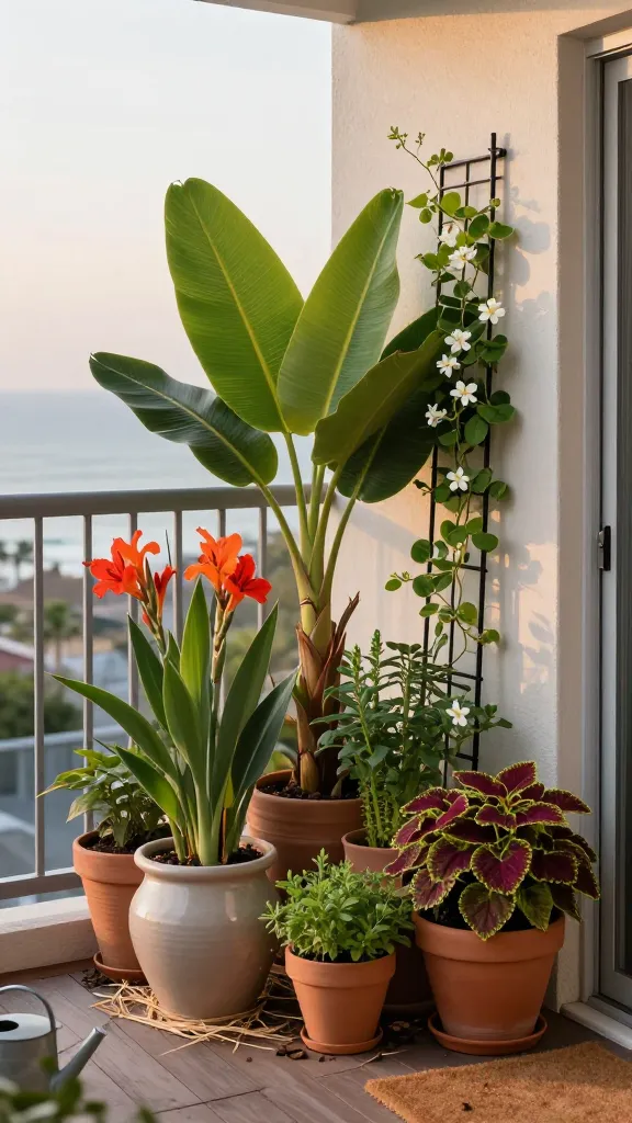 Realistic high-quality photo of a cozy microclimate corner on a small breezy balcony, showcasing container gardening ideas: a cluster of tall ceramic and terracotta pots arranged upwind to act as a living windbreak, with a narrow black metal trellis supporting climbing jasmine and pea vines. Centerpiece is a lush potted banana plant with broad green leaves, surrounded by canna lilies with red-orange blooms, coleus, and compact herbs. Pots are mulched with straw and bark to regulate moisture. Background shows a light-gray apartment railing with coastal city skyline slightly out of focus, golden late-afternoon light warming the scene, gentle flags or leaves indicating reduced wind inside the cluster. Surfaces include a weathered wooden deck with a coir doormat and a small watering can. Natural color palette, soft shadows, shallow depth of field, crisp botanical detail, no text.