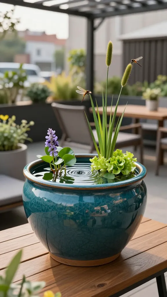 Realistic high-quality photo of a small patio container garden centered on a glazed, watertight ceramic pot converted into a tabletop water feature, placed on a wooden bistro table beside a compact lounge chair. The pot is deep teal with a subtle crackle glaze, filled with clear water gently bubbling from a discreet submersible pump, creating soft ripples that suggest muffled ambient sound. Floating plants include water hyacinth with glossy leaves and lavender blooms, a small cluster of floating lettuce rosettes, and a modest tuft of dwarf papyrus at the edge for vertical interest. A few dragonflies hover and one perches on a papyrus stem. Surrounding containers hold drought-tolerant ornamentals for context, but the water pot is the focal point. The setting is a city patio with warm late-afternoon bright light filtered through a slatted pergola, avoiding harsh direct sun, subtle bokeh of urban greenery and a blurred fence in the background. Photorealistic detail: water surface texture, ceramic glaze reflections, plant veins, and soft shadows. Color palette: teal, fresh greens, natural wood, and muted urban tones. Shot at eye level, shallow depth of field, no text, natural styling, calm zen vibe.