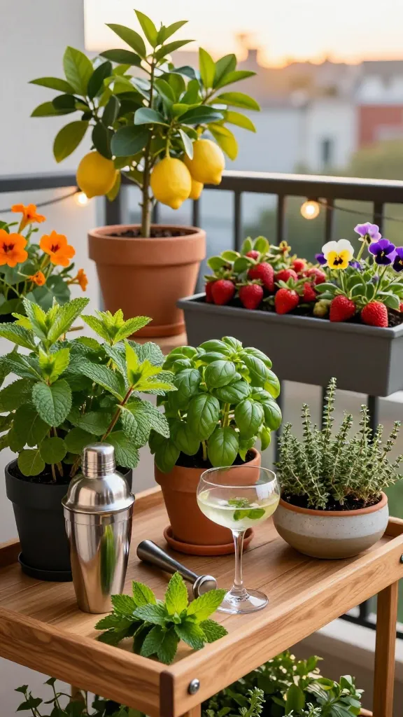 A sunlit small balcony cocktail garden arranged on a modern wooden bar cart and surrounding planters, styled for happy hour. Foreground: a stainless-steel cocktail shaker, muddler, and coupe glasses beside freshly snipped sprigs of mint, basil, lemon verbena, and thyme. Plants are lush and identifiable: mint overflowing from its own matte black pot (clearly separate), compact basil and lemon verbena in terracotta, trailing thyme in a shallow ceramic bowl. A dwarf citrus tree in a large pot bears small ripe lemons, while a low planter overflows with bright red strawberries. Pops of color from edible flowers—orange nasturtiums and purple violas—interplanted among herbs. Background: warm golden-hour light, string lights softly glowing, subtle cityscape blur beyond a black metal railing. Natural textures (terracotta, wood, ceramic), gentle shadows, high-resolution realistic detail, shallow depth of field, vibrant but true-to-life colors, no text.