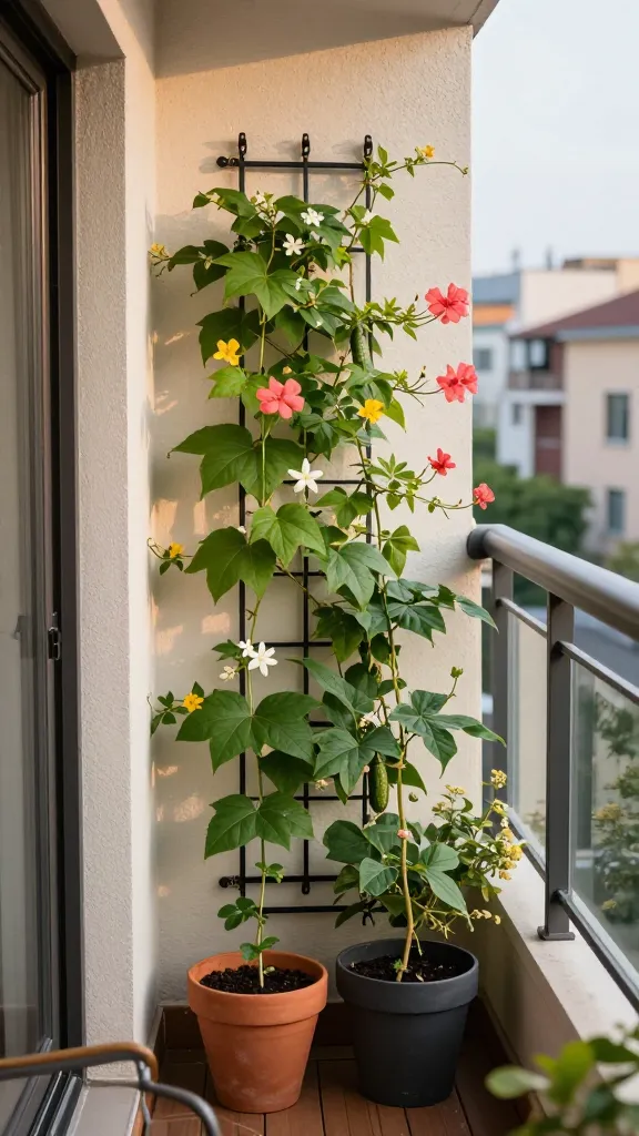 Golden-hour photo of a narrow urban balcony showcasing a slim black metal trellis mounted with removable hooks against a light stucco wall, covered in lush flowering vines—mix of star jasmine and bright coral-pink mandevilla blooms—intertwined with edible climbers like slender cucumber vines with small yellow blossoms and a few hanging baby cucumbers. A compact container lineup at the trellis base: matte terracotta and charcoal planters with rich, moist soil and discreet bamboo ties guiding tendrils upward. The balcony has warm wood decking, a small bistro chair tucked to the side to emphasize saved floor space, and a view of neighboring city buildings softly blurred in the background. Natural, soft side lighting highlights glossy green leaves, delicate flowers, and curling tendrils gripping the slim trellis, conveying a realistic, high-quality lifestyle feel without text.