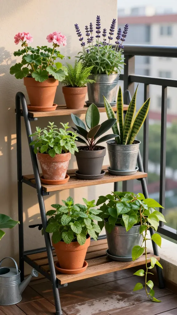 Golden-hour close-up of a small urban balcony transformed into a lush container garden, featuring a black metal tiered plant stand and a rustic wooden ladder shelf that layer plant heights like stadium seating. The main subject is container gardening: a curated mix of potted herbs, flowering annuals, and foliage plants in terracotta, matte ceramic, and galvanized metal containers with matching saucers to catch drips. Place thirstier plants like mint and basil on lower tiers beneath trailing pothos and ivy so runoff benefits them; upper shelves hold sun-lovers like geraniums and lavender. Medium ferns and a rubber plant anchor the middle height, while a snake plant and ZZ plant add sculptural form. Soft, natural side lighting highlights leaf textures and dewy moisture on saucers. Background shows a subtle cityscape blur with a black balcony railing, neutral wall, and weathered deck boards. A small watering can and moisture meter rest beside the stand, and leaves show slight rotation variance suggesting weekly turning for even growth. High-resolution, realistic photography with crisp detail, shallow depth of field, true-to-life colors, and natural shadows—no text, no people.