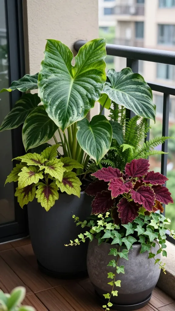 Ultra-realistic photo of a small urban balcony container garden focused on dramatic foliage textures rather than flowers: a large charcoal-gray ceramic planter anchors the scene with bold, oversized elephant ear and variegated hosta leaves, underplanted with fine-textured asparagus fern and wispy carex. Surrounding containers in matte black and stone tones feature layered foliage in a cohesive palette of deep burgundy, chartreuse, and emerald—coleus in velvety burgundy and lime, heuchera with ruffled wine-red leaves, and trailing variegated ivy spilling elegantly over edges. Soft, indirect morning light from the side enhances leaf veining, gloss, and texture; no blooms present. Background shows a cozy shaded balcony with wood decking, a simple black metal railing, and blurred city buildings beyond. Subtle water droplets on leaves suggest freshness; overall composition emphasizes contrast of leaf shapes, harmonious two-to-three color scheme, and low-maintenance container gardening ideal for patios and balconies. Shot on a full-frame camera, shallow depth of field, 50mm lens, high detail, natural color grading.